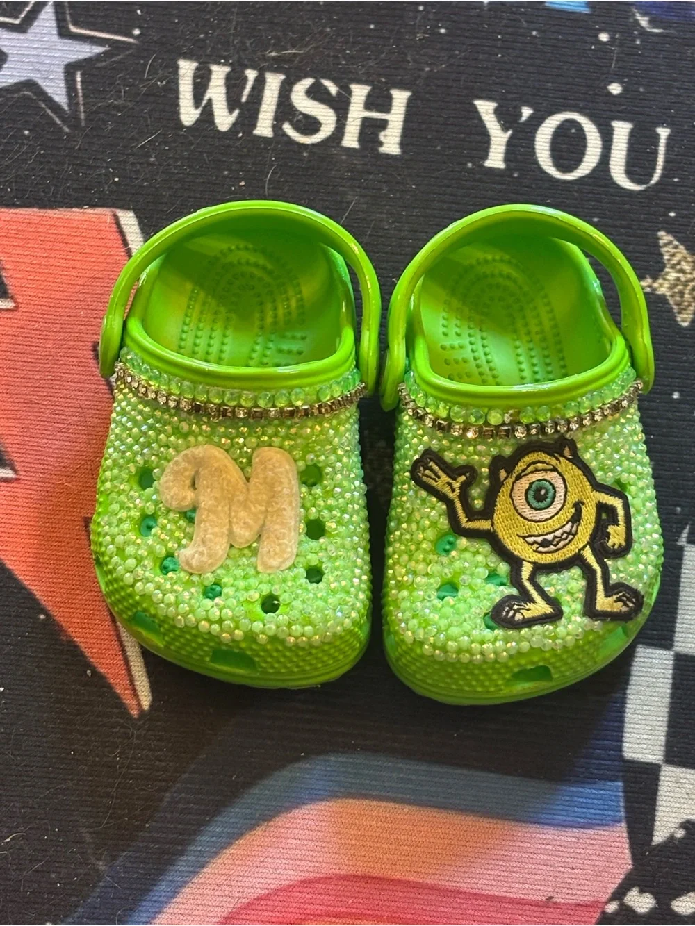 CROCS Kids' Lime Green Jeweled Clogs with Monster Patch